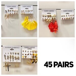 45 Pairs of Earrings! Gold Tone Studs, Fringe, Shapes
